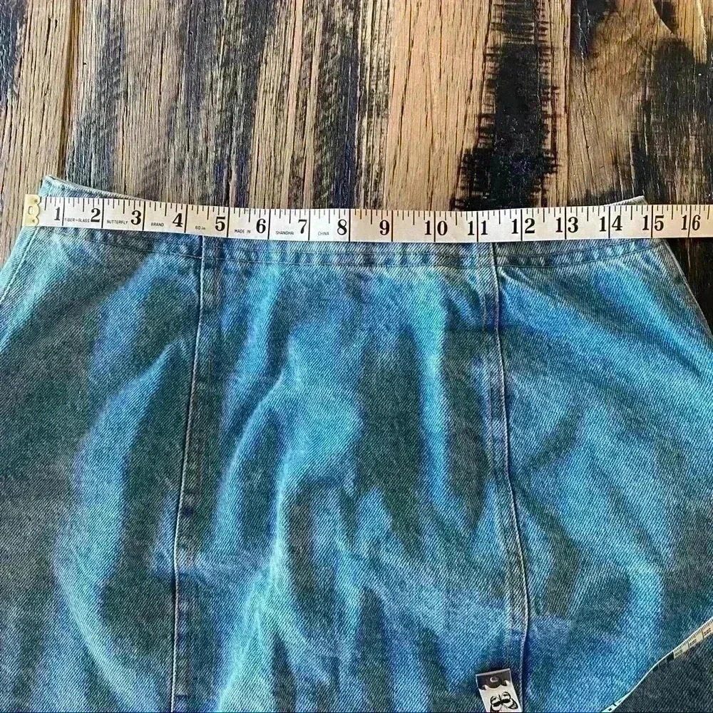 Vintage Y2K Denim Skirt Florescent Neon Green Buttons and Pleather Details Sz M - Picture 5 of 7